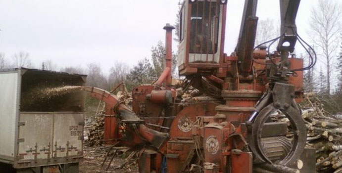 chipper processing woody biomass for energy production
